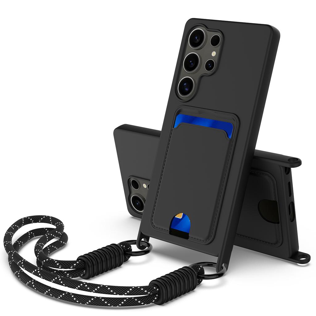 For Samsung Galaxy S24 Ultra Case Liquid Silicone Card Holder Phone Back Cover with Short Strap