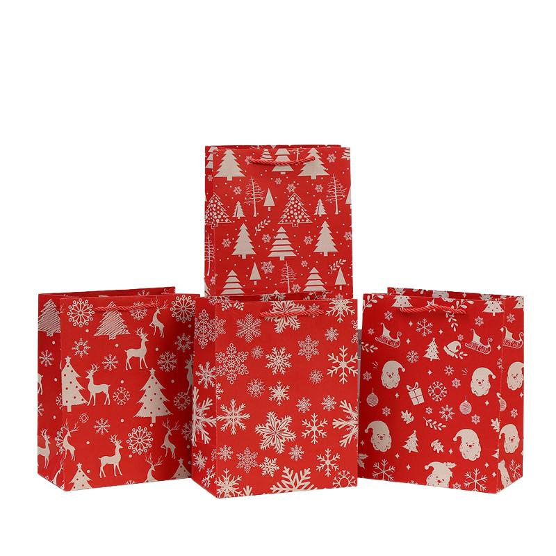 12 PCS Christmas Party Gift Bags Handle Red Kraft Paper Bags Santa Claus Printed Gift Bags Shopping Bag for New Year Christmas