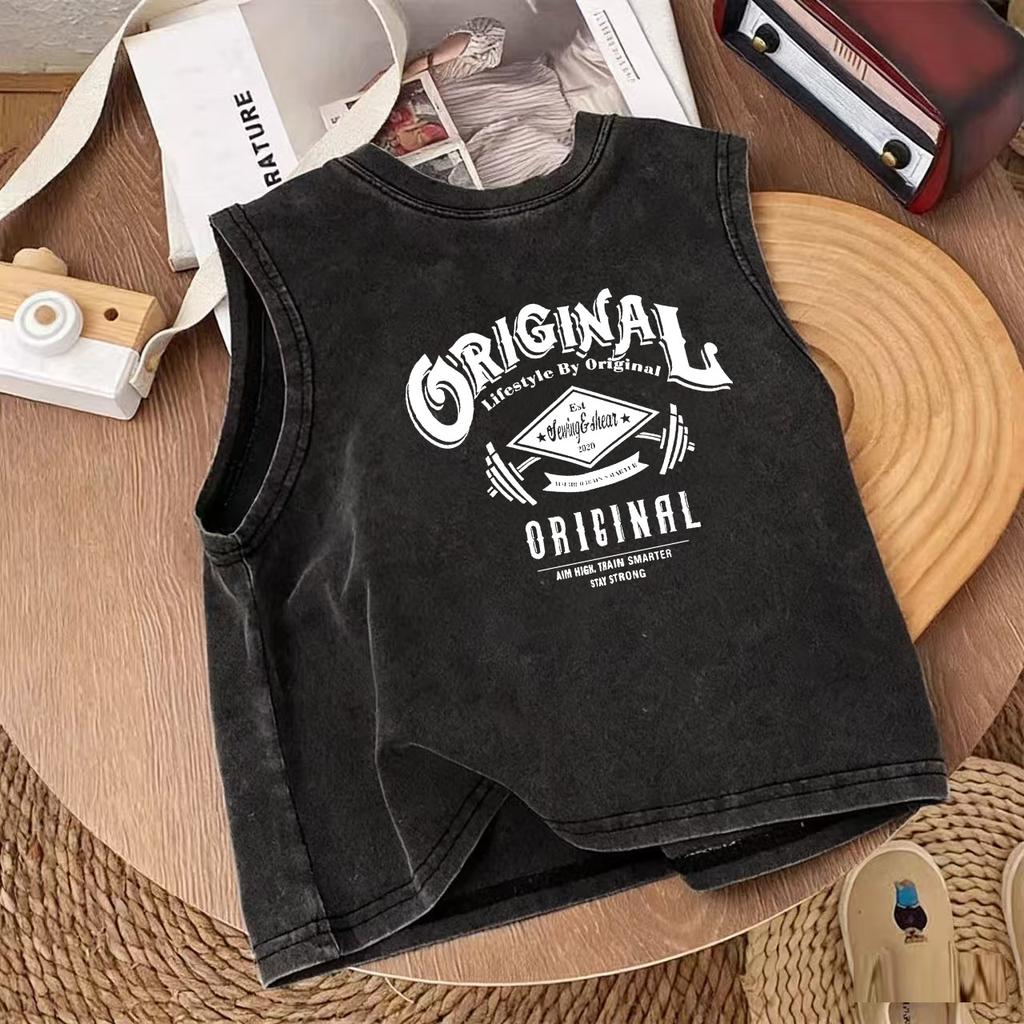 Parent Child Cotton Washed Black Tank Top Summer Loose Sleeveless T Shirt For Boys And Girls Versatile Upper Wear