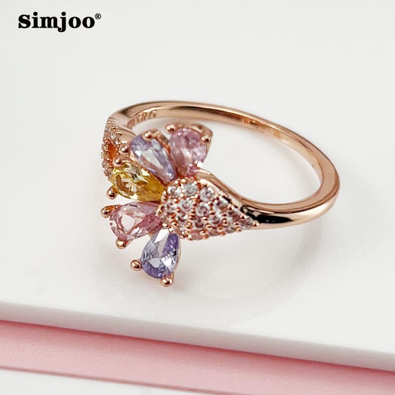 SIMJOO Кольцо из розового золота с женскими простыми лепестками, разноцветное кольцо с цирконом