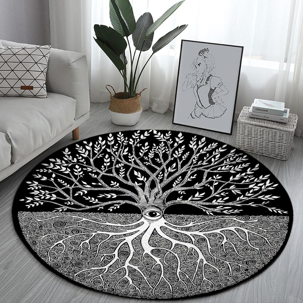 Домашние психоделические черные круглые коврики с изображением дерева викингов, коврик для дивана, домашняя гостиная, спальня, ванная комната, напольные коврики, принт, украс...