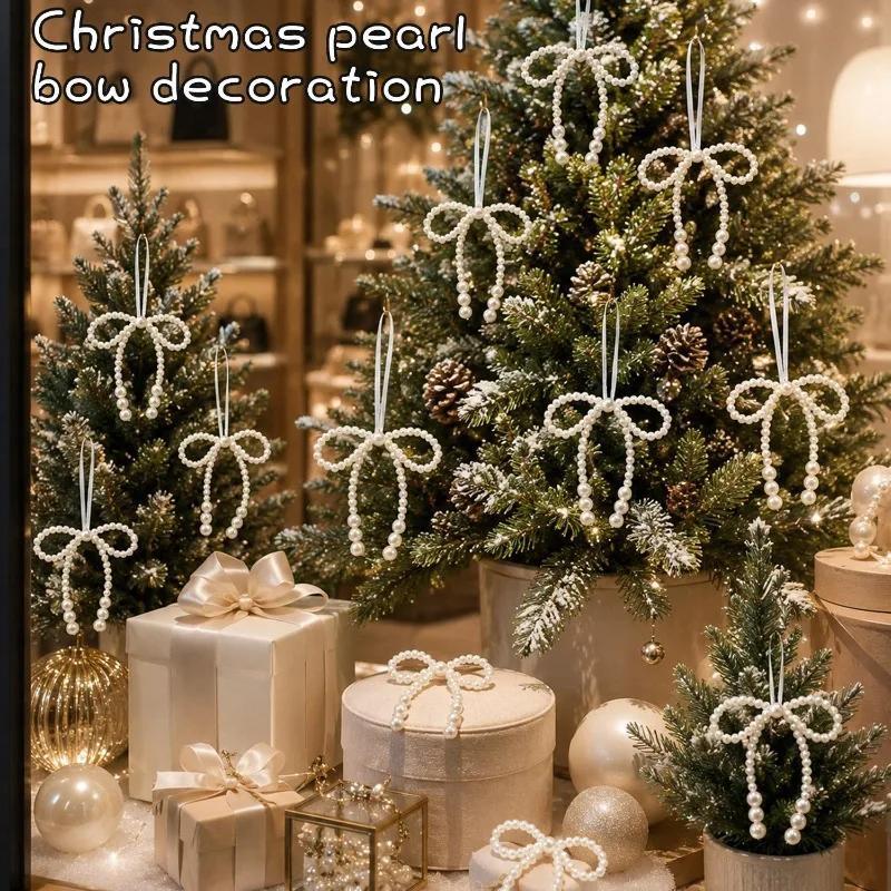 10/1PCS New Hand Woven Imitation Pearl Bows Christmas Decor Fringe Pendant Holiday Party Girls Room Hanging Decor Accessories
