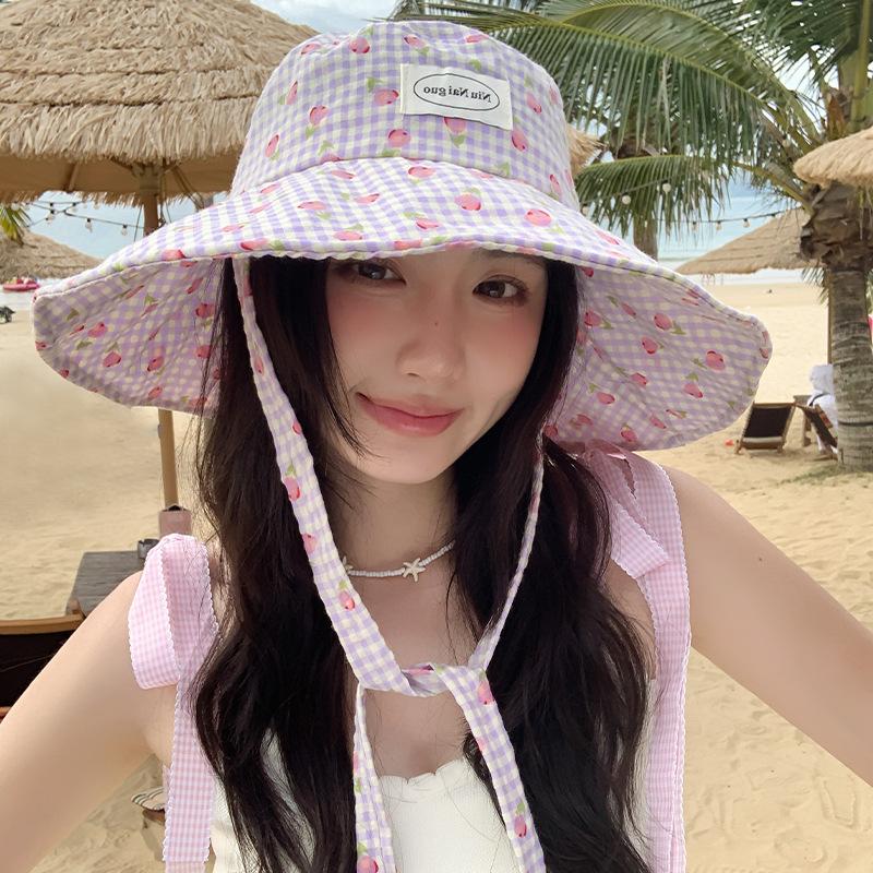Small fresh plaid flower large brim fisherman hat children spring and summer outdoor UV protection sunscreen basin hat