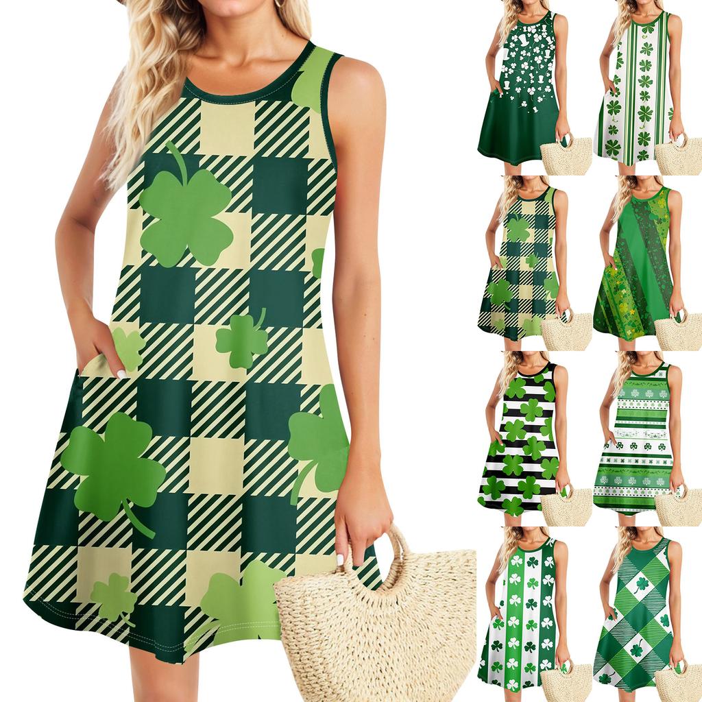 Summer Dresses For Women Beach Boho Sleeveless St. Patrick's Day Printing Flowy Pocket Tshirt Tank Sundresses