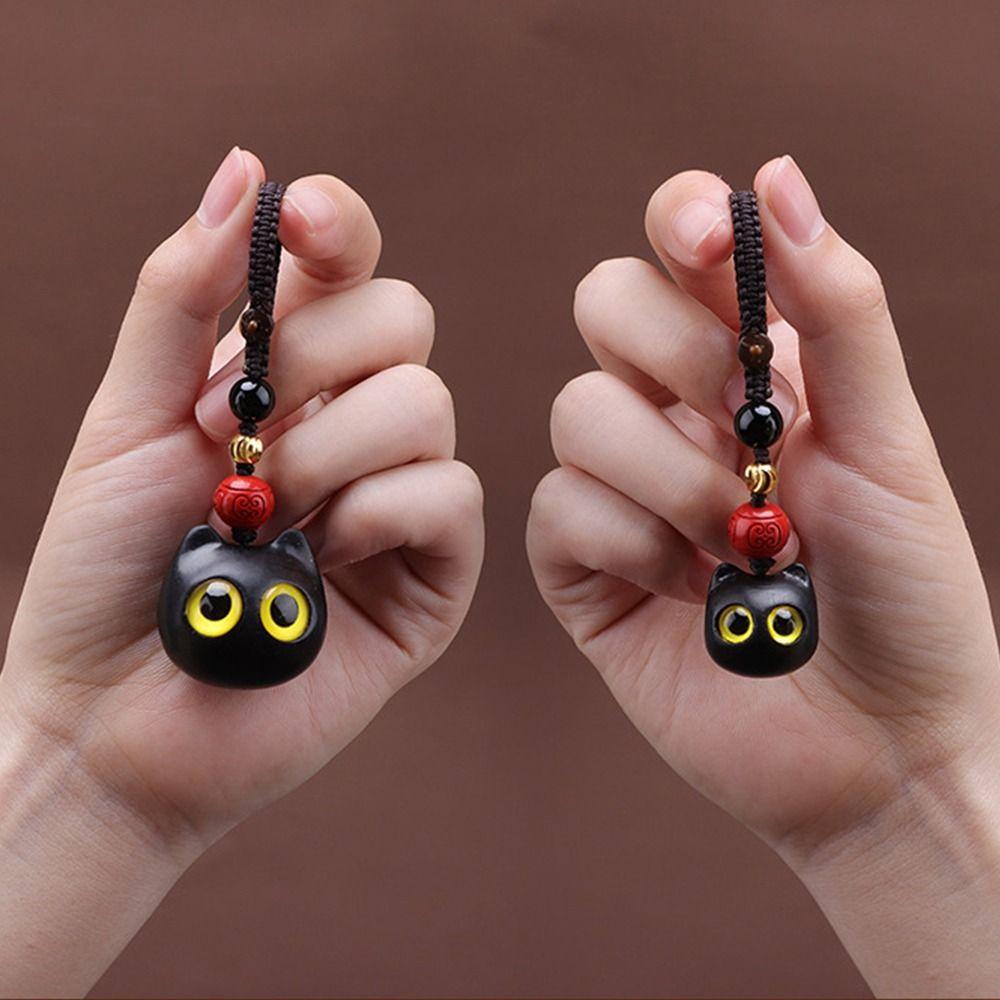 Hand-woven Phone Pendent Sandalwood Key Chain Lucky Cat Pendant Key Chain Strap Mobile Phone Ring