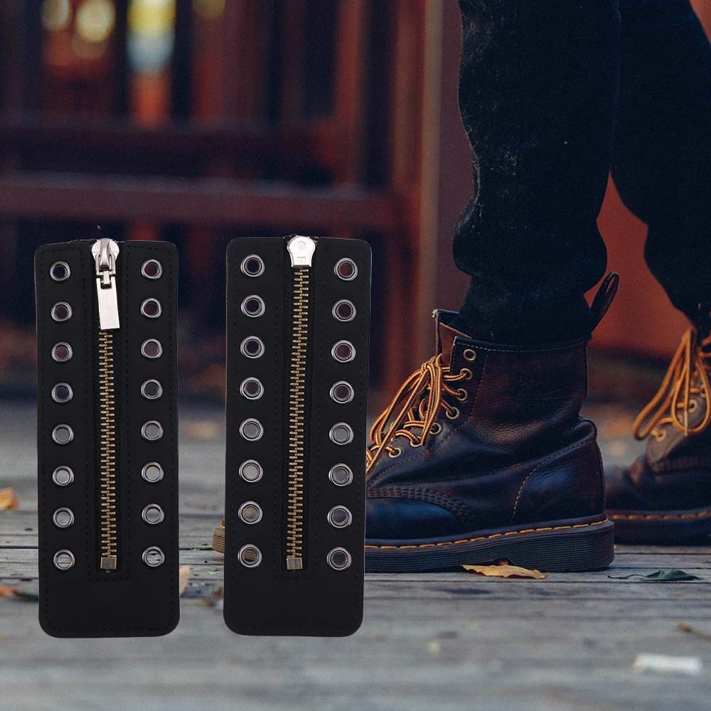 Black Leather Lace-in Boot Zipper Inserts Metal Eyelets 8 Holes Zipper Boot Laces Shoe Accessory Adjustable No Tie Shoe Laces