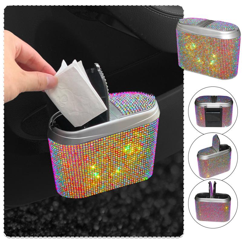 Блестящие стразы, автомобильный ящик для мусора, мусорный бак для автомобиля, пылезащитный чехол с двойной крышкой, чехол для хранения мусора, автомобильное мусорное ведро для автомобиля