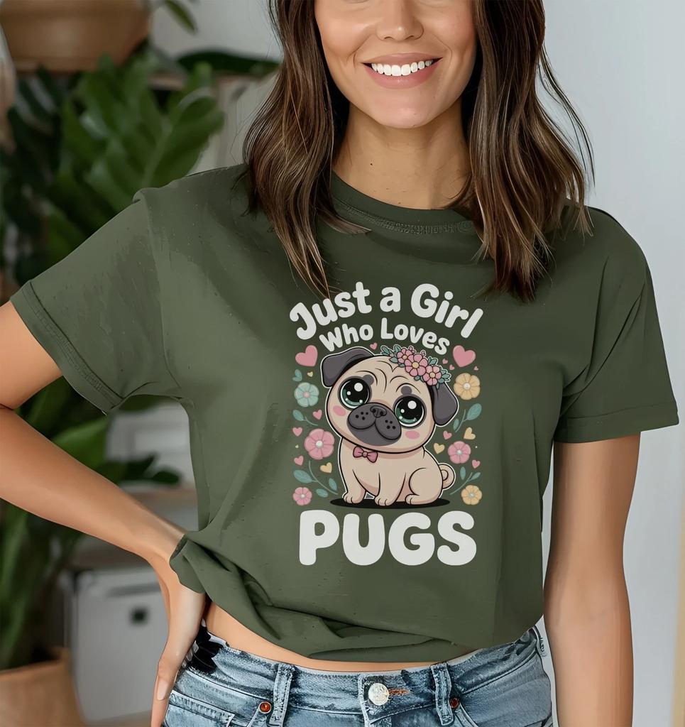 Just a Girl Who Loves Pugs T-Shirt, Cute Dog Lover Gift Tee for Women & Girls