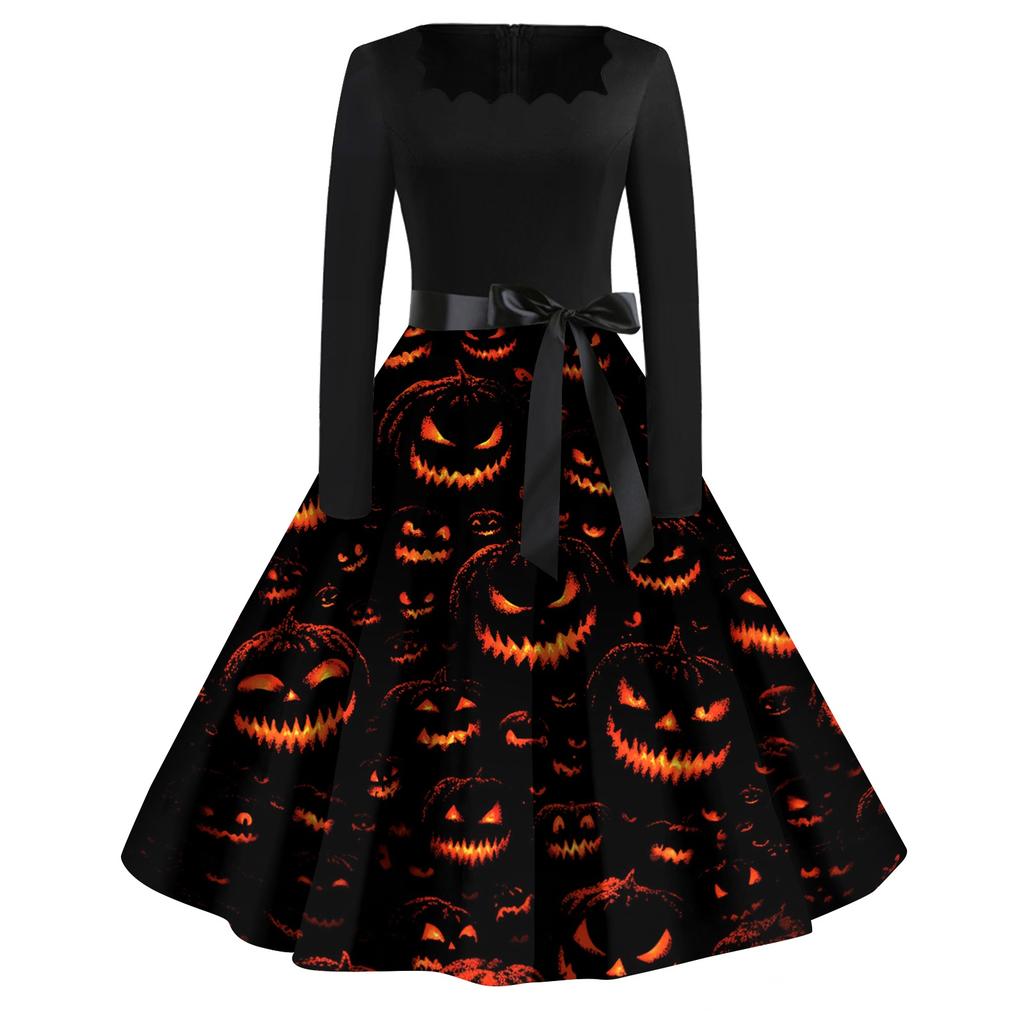 Women's Casual Vintage Halloween Print Square Neck Long Sleeve Dress with Waist Bow Tie Retro Style Flared Skirt