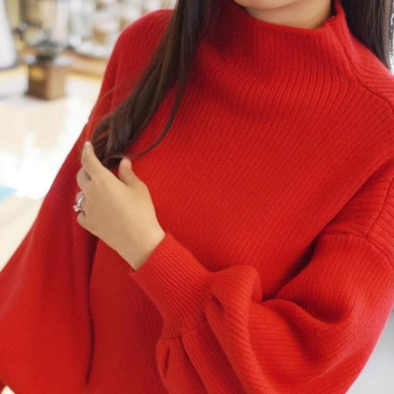 Осень и зима новый полуводолазка низ вязаный свитер корейская мода женский свободный пуловер фонарь длинный рукав топы свободная повседневная одежда 2101