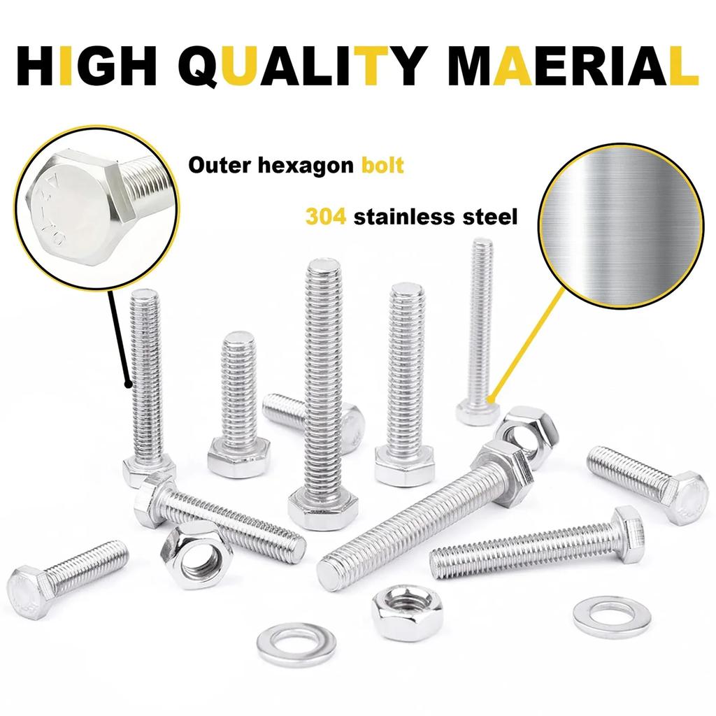 168Pcs Outer Hexagon Bolts, Stainless Steel Anglo-American Hexagon Head Bolts, Nuts, Washers Classification Combination Kit