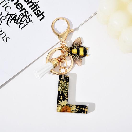 Talos Black Series Keychain Pendant, Dried Flower Initial Letter Charm Key Chain with Bee Tassel Design, A-Z Holder for Bag Purse Backpack