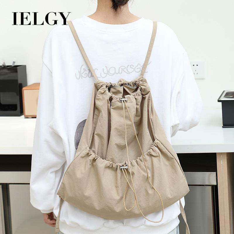 IELGY Japanese Casual Art Canvas Backpack, Fashionable Drawstring Pleated Schoolbag, Nylon Large-capacity Backpack, Khaki.