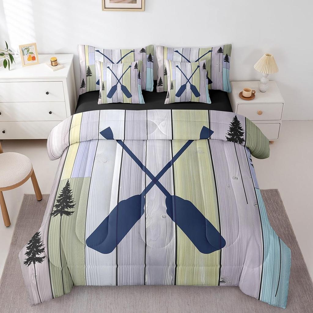 Erosebridal Happy Camping 7 Piece Comforter Set Queen Bed in a Bag for Kids,Hunting Bear and Pike Fish Bedding,Camper Accessories Sheet Set,