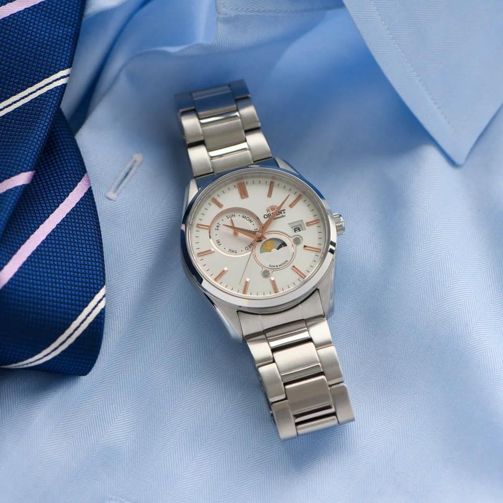 Orient SUN MOON Automatic Contemporary with Japanese Warranty & Watch, Style, Men's, White, Silver, RN-AK0301S, Manufacturer's