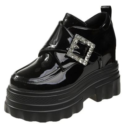 Мода Новые Осенние Туфли 10 СМ Каблуки Кожаные Массивные Туфли 2024 Женские Кроссовки Diamonds High Platform Черные Теннисные Туфли Женские Вулканизированные