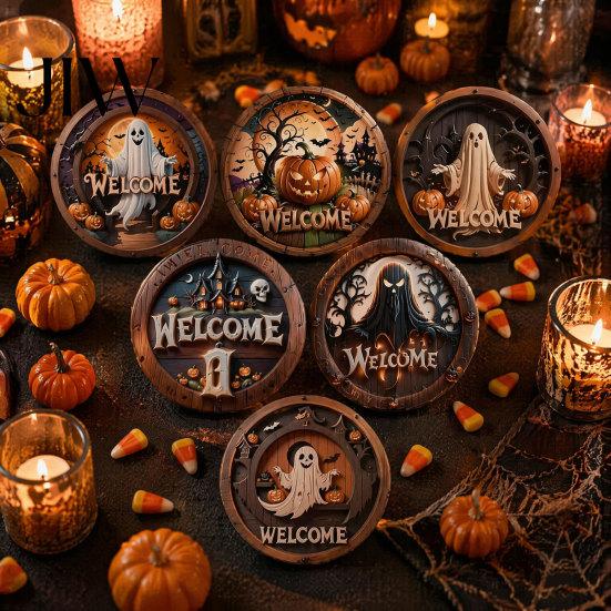 Holiday Gift for Home 6Pcs/Set Halloween Wooden Coasters, Retro Pumpkin Ghost Drink Decor Round Heat Insulation Pads Dining Table Autumn