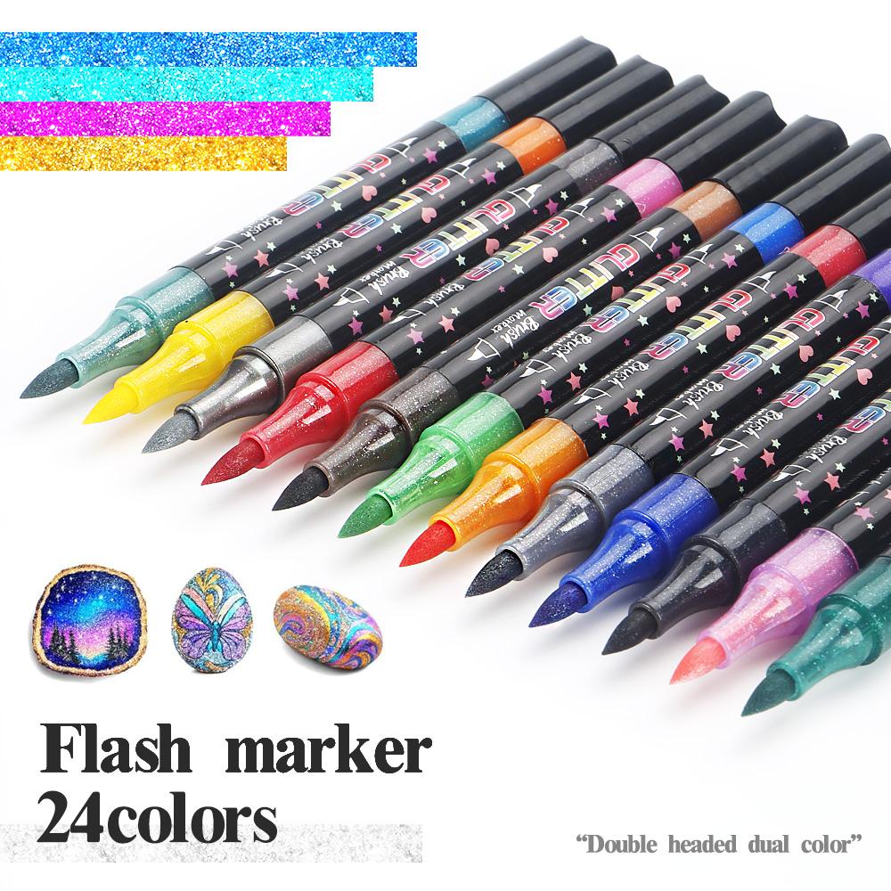 Dual Tip Dual Colors Glitter Marker 48 Colors Brush Soft Tip Art Marker Pen Waterproof for DIY Card Making