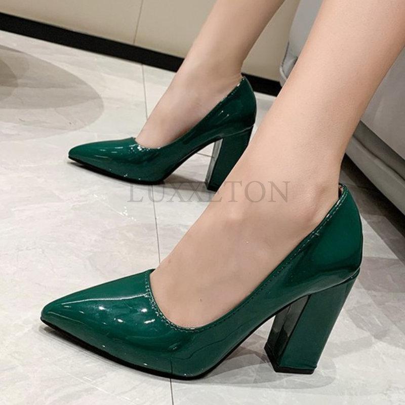 Туфли на высоком каблуке, цветные, женские туфли, с острым носком, модные, розовые, на толстом каблуке, лакированная кожа, женские, большие размеры 35-43, Tacones Mujer