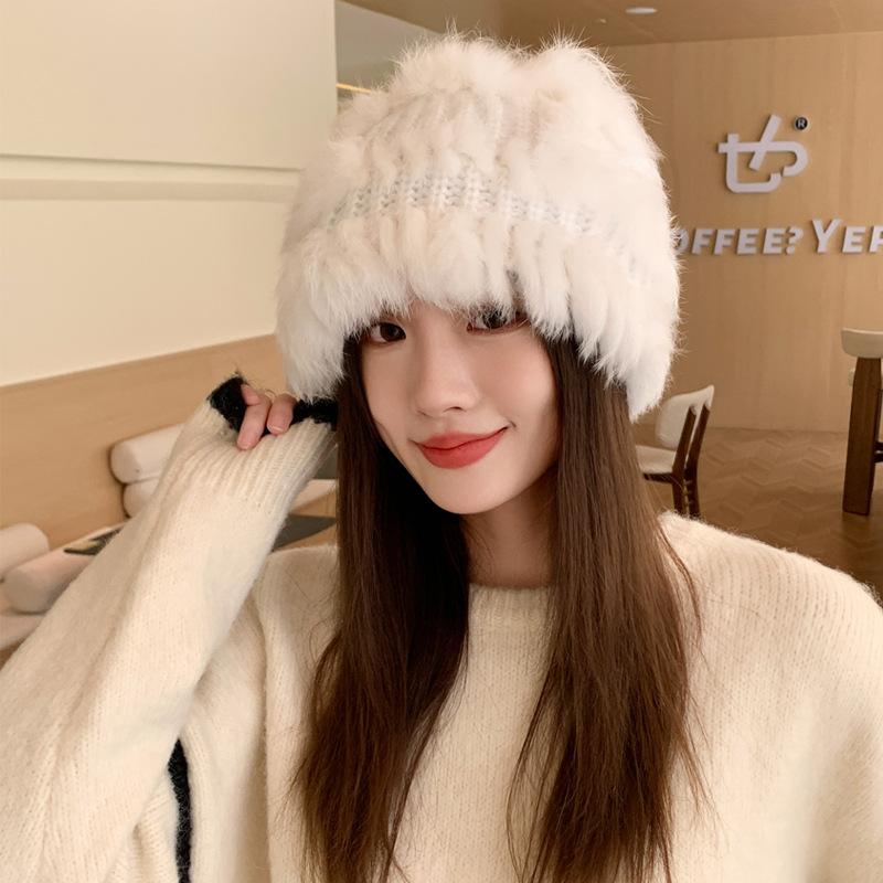 Winter Rabbit Fur Hat Female Face Small Versatile Hairy Bucket Hat Plush Knitted Wool Hat
