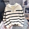 Повседневный свитер с высоким воротником, женский свободный вязаный топ в полоску на молнии