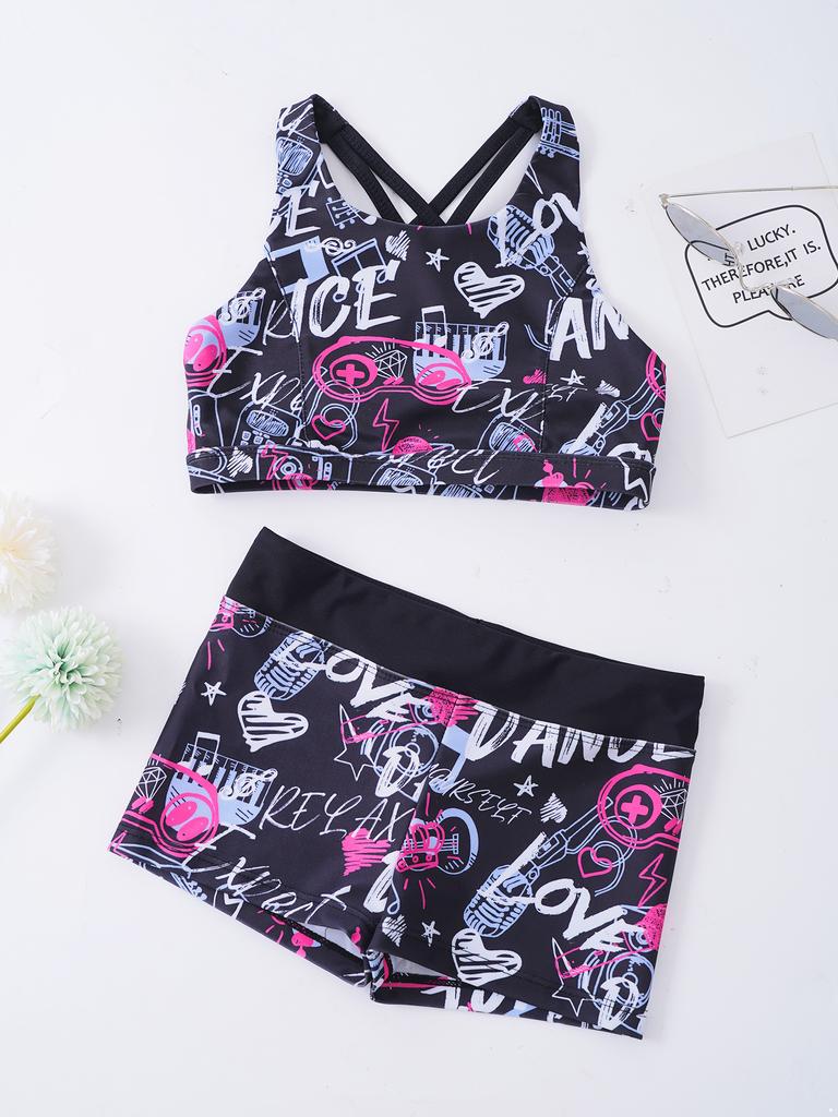 Детский купальник-танкини с принтом для девочек, комплект из двух частей, топ без рукавов с перекрещивающимися бретелями и шорты