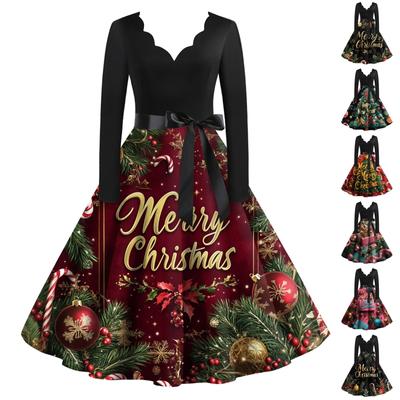 Женское повседневное модное рождественское платье с V-образным вырезом в винтажном стиле