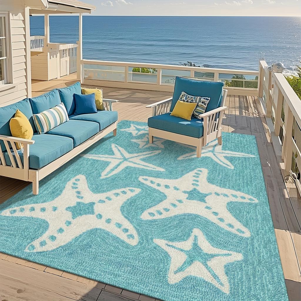 1pc 2D Flat White Starfish Blue Ocean Pattern Flannel Patio Rug Non Slip Coastal Beach Carpet For Deck Outdoor Floor