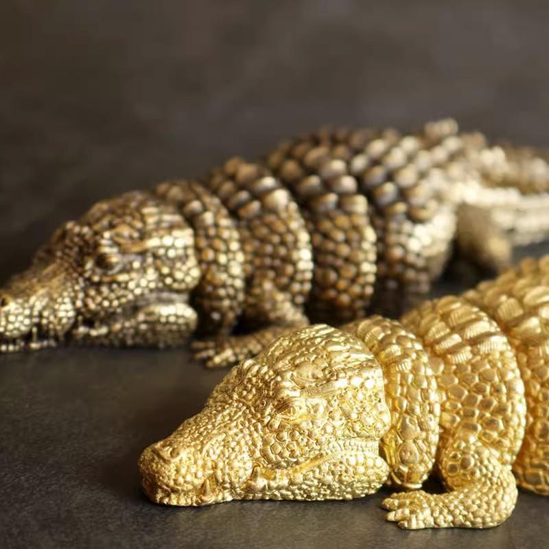 Metal Handicraft Artificial Animal Sculpture Brass Crocodile Golden Crocodile Articular Mobility Home Decoration Accessories