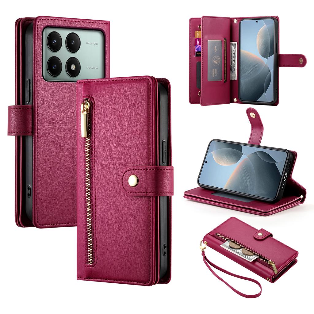 DF-011 For Xiaomi Poco X6 Pro 5G/Redmi K70E 5G Leather Case Zipper Wallet Multiple Card Slots