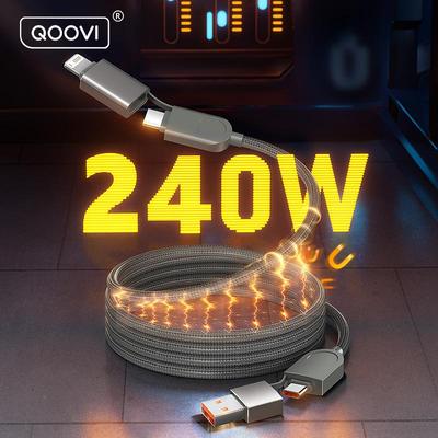 QOOVI Кабель для быстрой зарядки USB C — C 4 в 1 PD 240 Вт с магнитной фиксацией и защитой от спутывания, провод для зарядки и передачи данных для iPhone 16, ноутбука, Samsung
