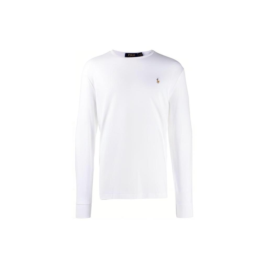Polo Ralph Lauren SS23 Однотонная футболка с вышивкой логотипа, с круглым вырезом и длинным рукавом, мужские топы, белый 710760121-002
