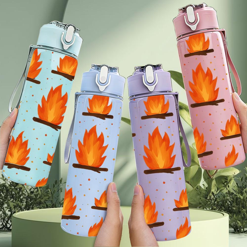 1PC Repeating Fire Flame Seamless Print 750ml Color Plastic Sports Water Bottle Leakproof Flip Straw Lid Suitable for Sports Office Home Use