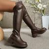 Модные ботфорты на массивной платформе для женщин, однотонные, на толстом каблуке, рыцарские ботинки, женские, осенне-зимние, с задней молнией, из ПУ кожи, длинные боты
