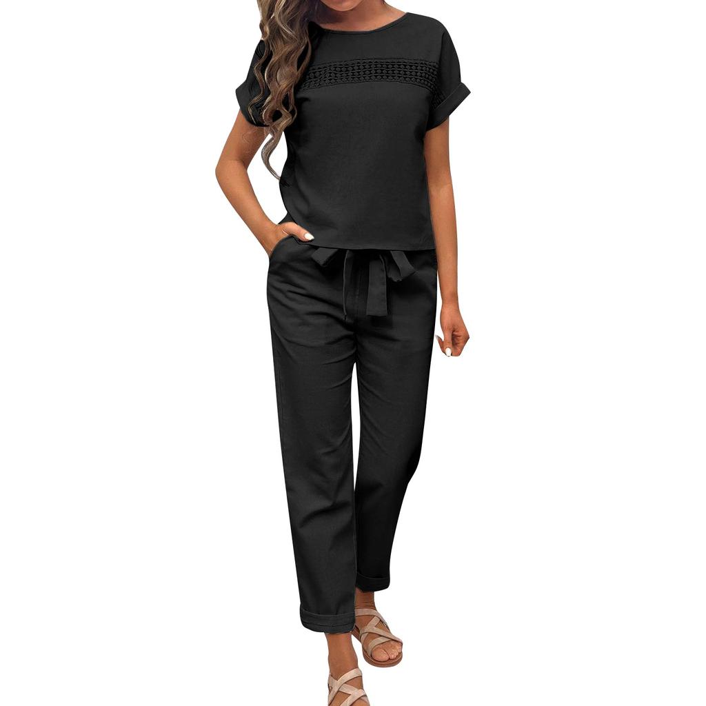 Модный и сексуальный женский весенне-летний льняной костюм в стиле ретро с эластичным поясом на талии, модный однотонный повседневный комплект из двух предметов