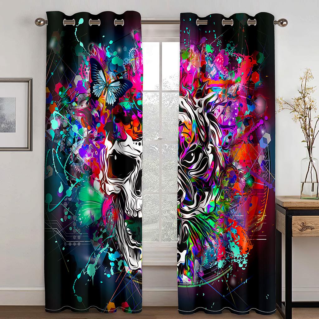 3D-принт с изображением мальчика, психоделического абстрактного искусства, черепа, цветов, ужасов, 2 шт., затемняющие оконные шторы для гостиной, спальни, декоративный крючок