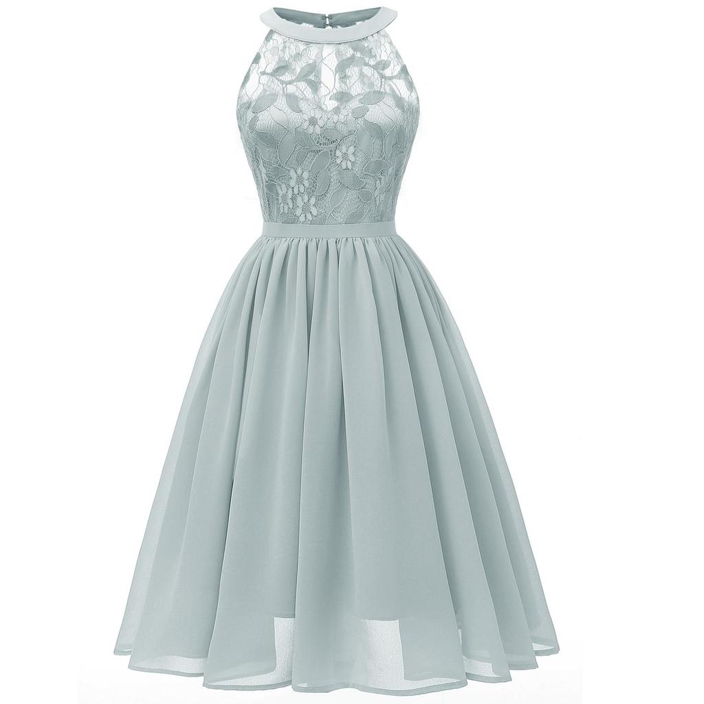 Women's Floral Crochet Lace Bodice Chiffon Midi Prom Dress for Bridesmaid Party Evening Cocktail Celebrity