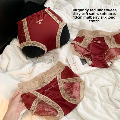 Женские трусики больших размеров на весну и лето, сексуальное кружево, свадебные, в этом году, винно-красные, со средней посадкой