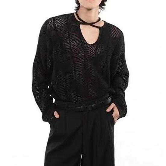 Осенне-зимний мужской свитер с ажурной резинкой и длинными рукавами, однотонный трикотажный пуловер