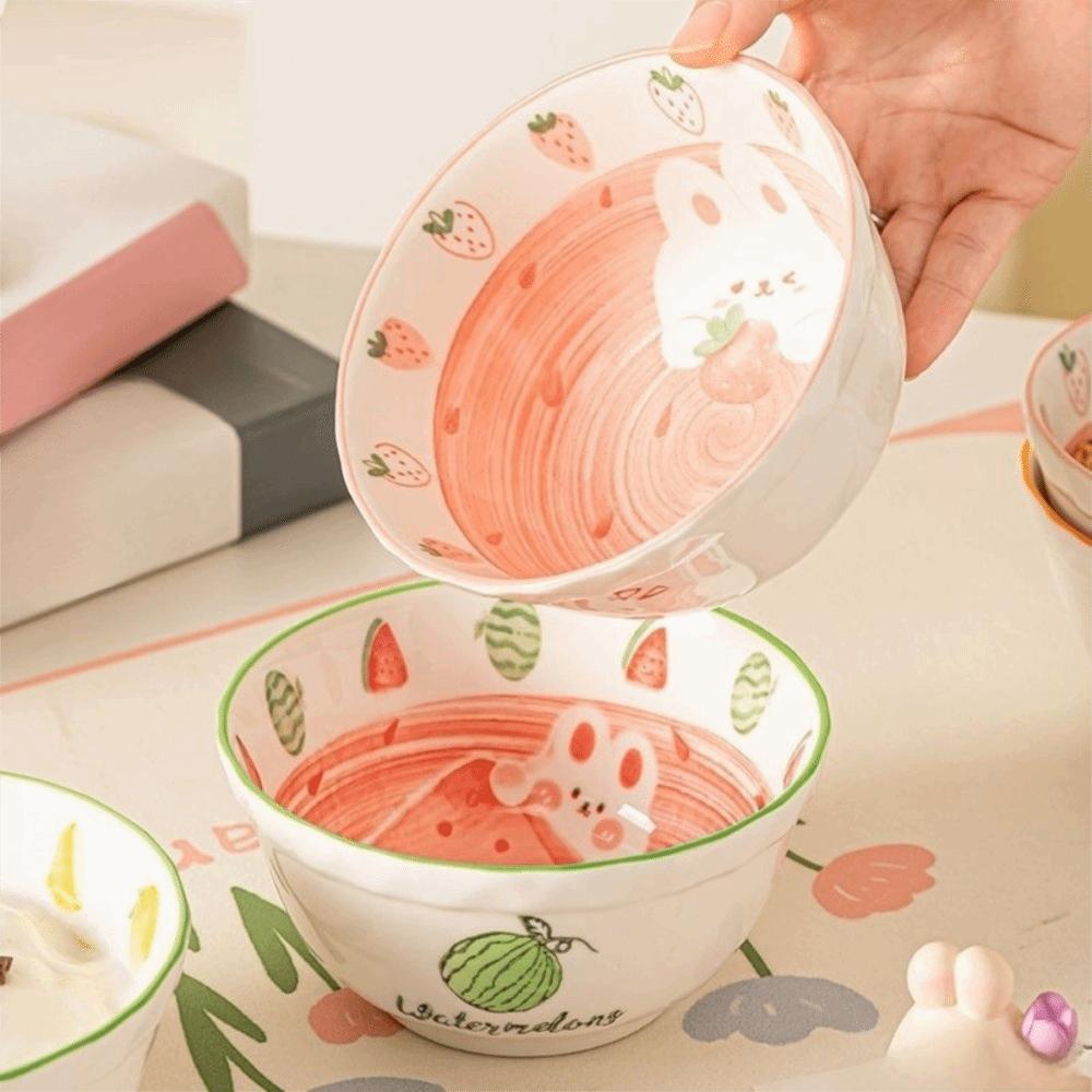 Керамическая миска с рисунком "Кролик и клубника", цветная подглазурная роспись, миска для супа, милая миска для фруктового салата, посуда