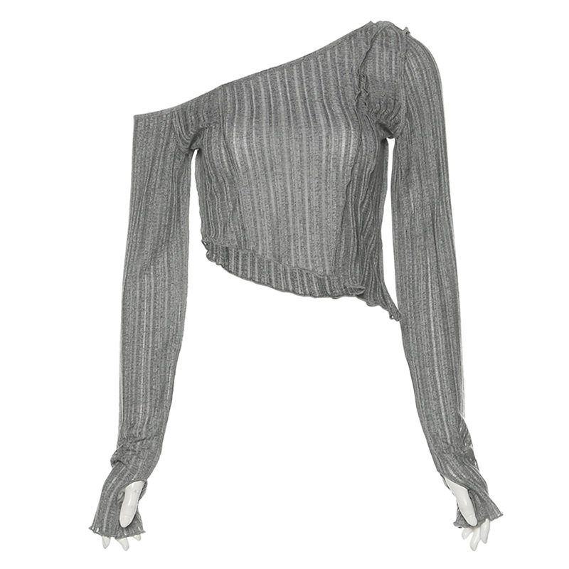 European and American Style 2024 Autumn New Women's Fashion Solid Color Slim Fit Cropped Fashionable Irregular One-Shoulder Long-Sleeve T-Shirt