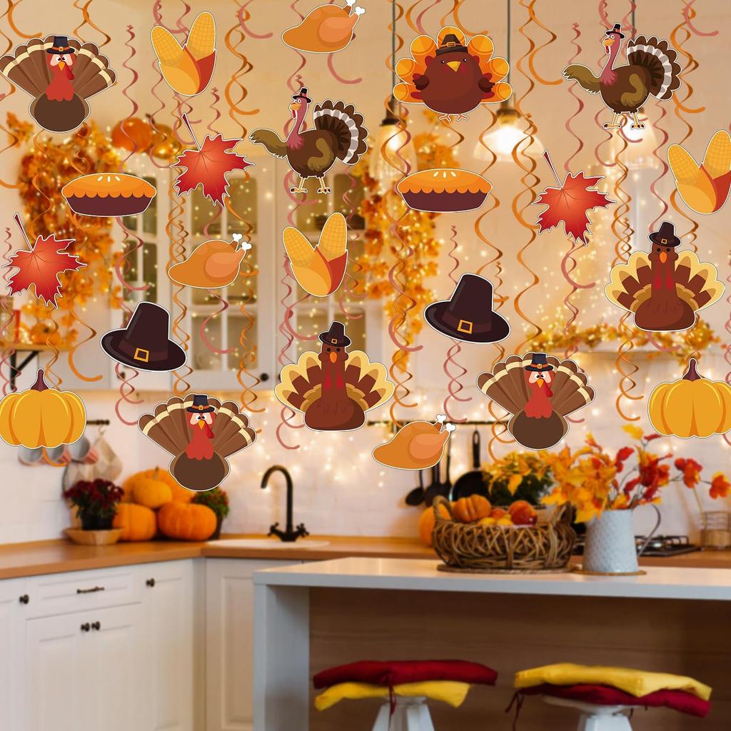Horaldaily Thanksgiving 30 Pieces Party Hanging Swirl Decorations, Turkey Pumpkin Party Hanging Swirls Streamers Ceiling Decor for Home Office