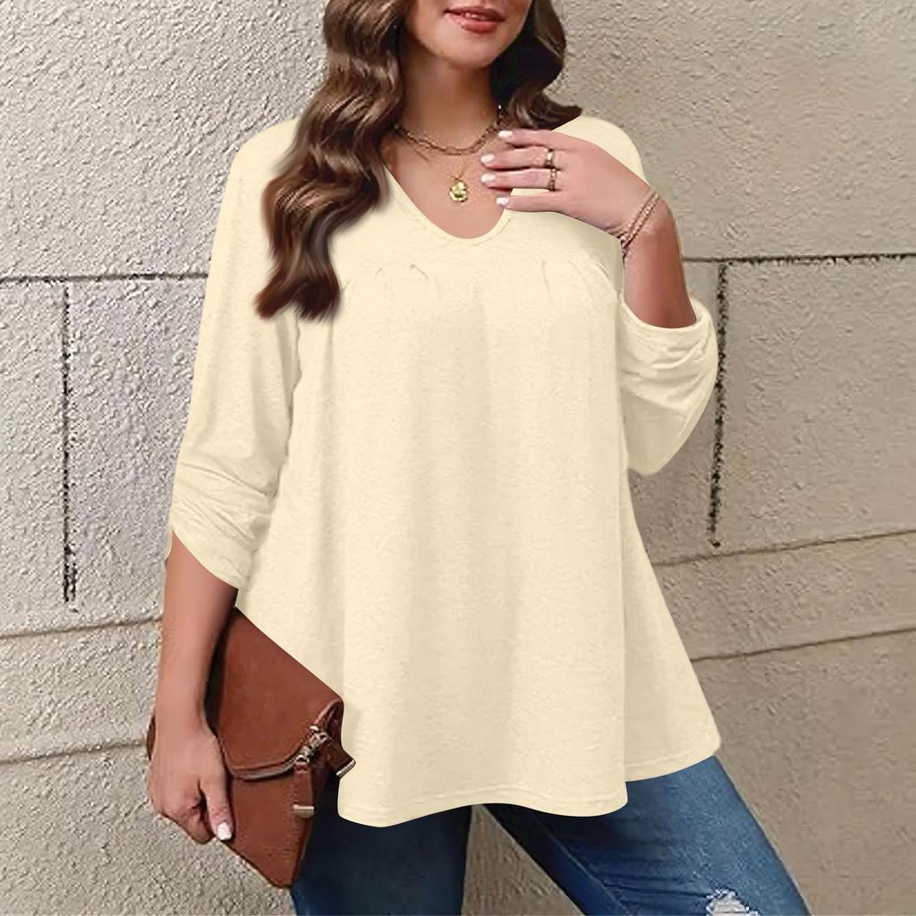 Women's Plus Size Fashion Solid Colour Casual Pleated Round Neck Long Sleeve Top