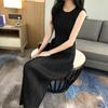 Women Vest Dress Pleated Loose Round Neck Solid Color Straight OL Commuting Dress Sleeveless Calf Length Midi Dress