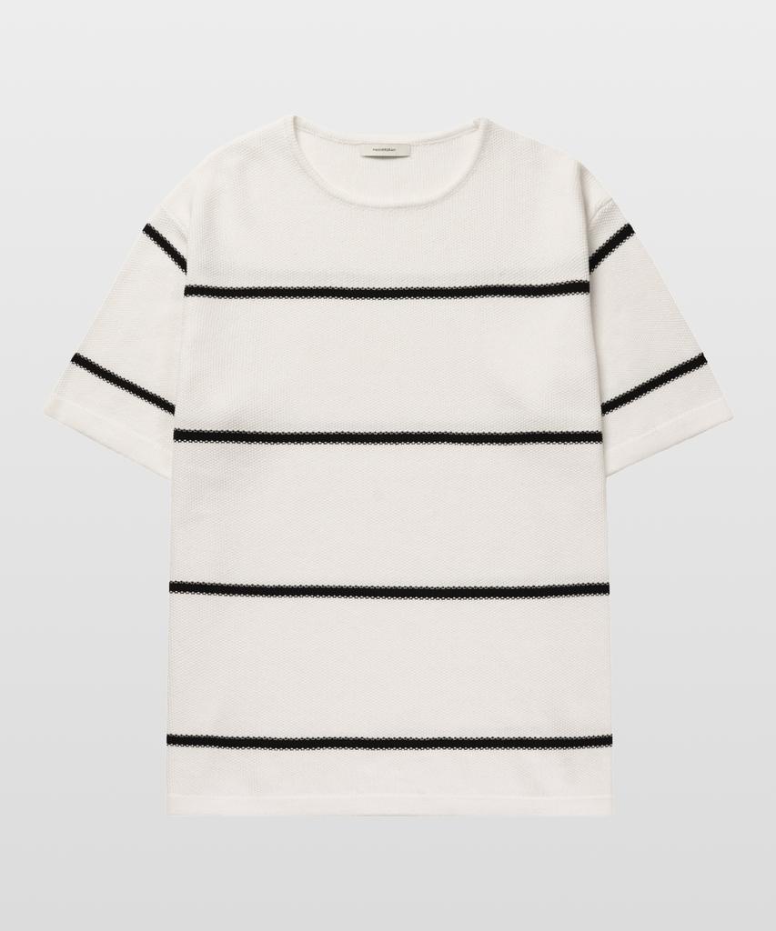 MANNERGRAM Striped Boat Neck 100% Cotton Short Sleeve Knit White