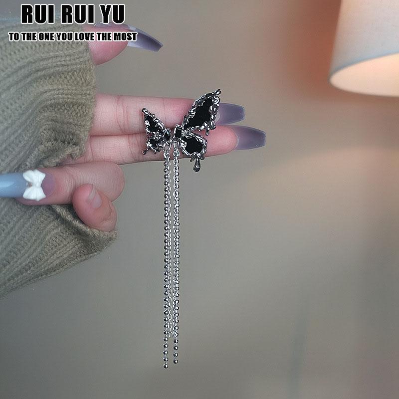 RUI RUI YU Asymmetrical Black Butterfly Wing Earrings Women's New Fashion Earrings Popular Design Tassel Jewelry