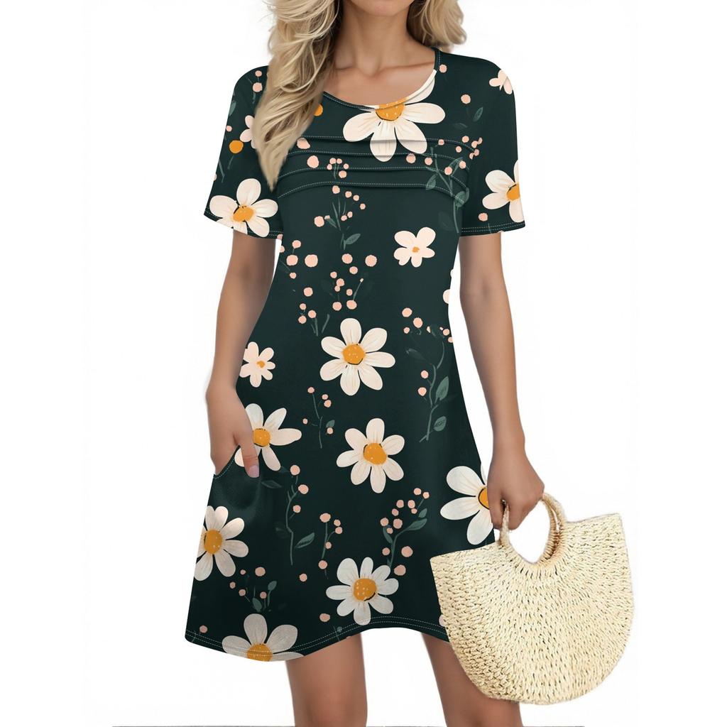 Женские летние платья Женские летние платья с цветочным принтом Повседневные платья с коротким рукавом и круглыми карманами