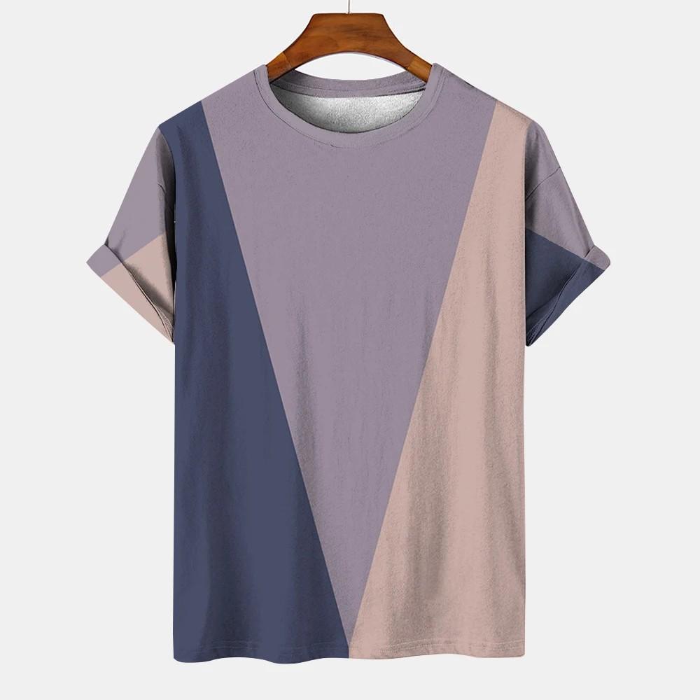 Геометрический полосатый узор, летний напечатанный высококачественный мужской топ, повседневный, простой, повседневный, модная рубашка свободного покроя с круглым вырезом и коротким рукавом