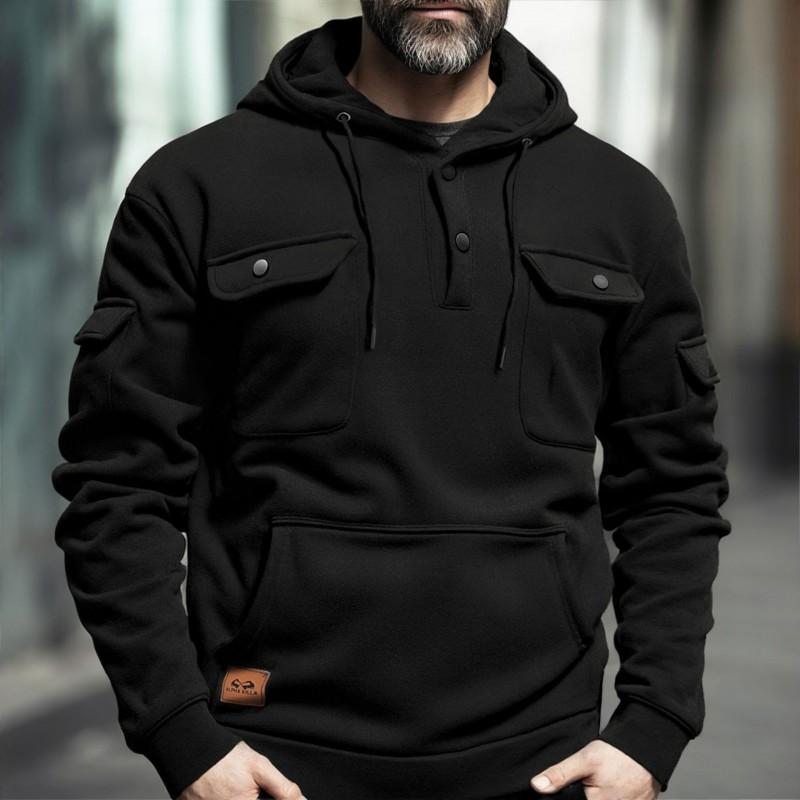 Mens Hooded Sweatshirt With Button Detail Fleece-Lined Long Sleeve Pullover Winter Casual Wear