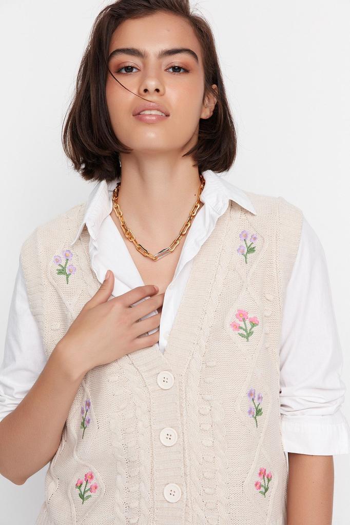 Women's Elegance Style Sweater Stone Flower Embroidery Detailed Knitwear Vest
